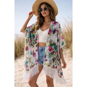 OP Ocean Pacific Floral Kimono Cover Up Fringe Hem Boho Beach Sheer XL